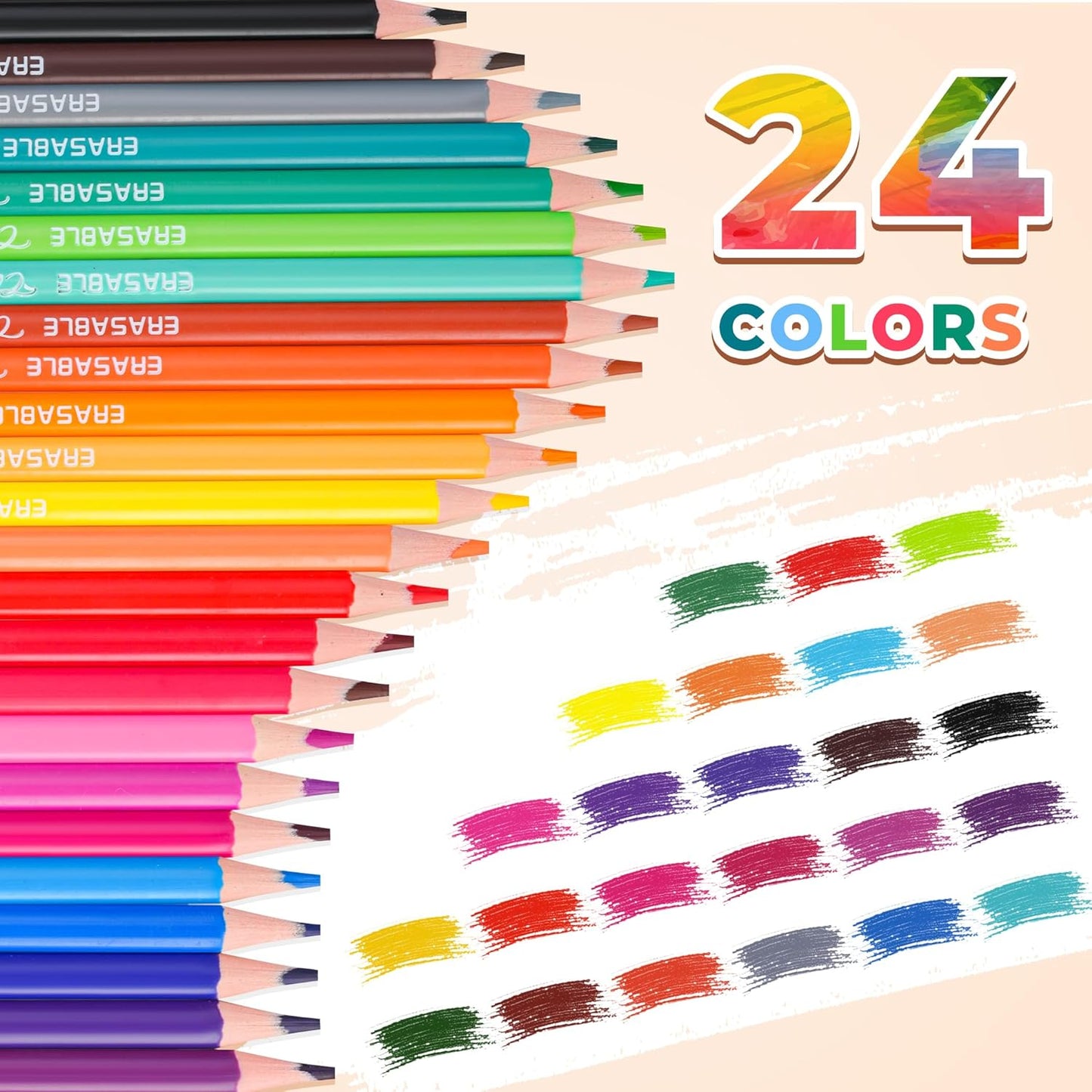 24-Count Erasable Colored Pencils with Erasers - Vibrant & Smooth Colors for Drawing, Coloring Books, School Art Projects - Premium Art Supplies for Kids, Adults & DIY Crafts