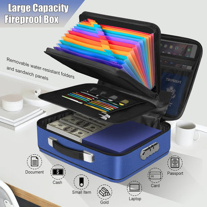 Fireproof Document Box, Hard Shell Fireproof Box, Document Organizer with Lock, Fireproof Water Resistant box, Portable Documents Safe Box for Important Document Certificates, Laptop, Passports, Blue