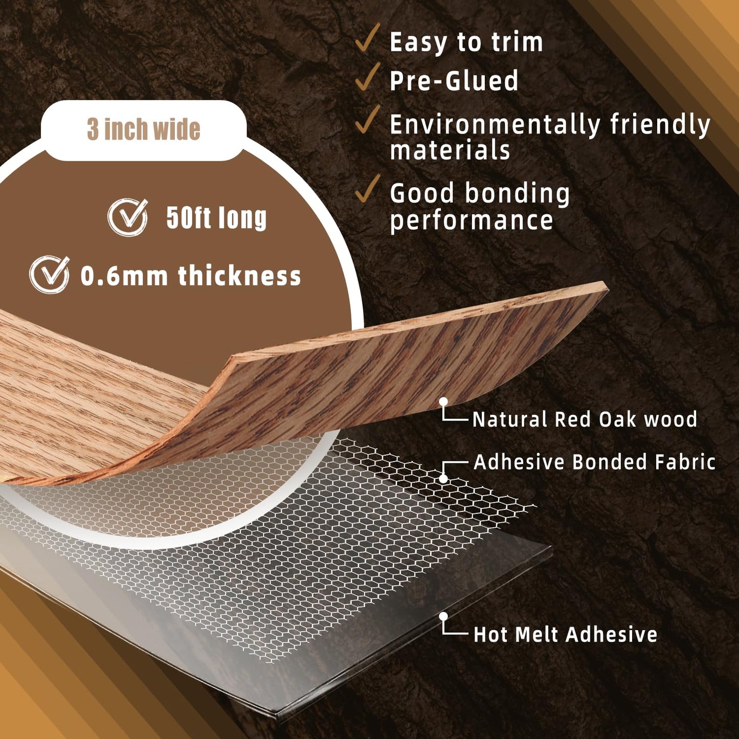 GSCIT Club Red Oak Edge Banding, 3 inch x 50ft roll of Veneer Plywood Edge Banding Preglued Flexible, Wood Tape Banding for Cabinet Repair