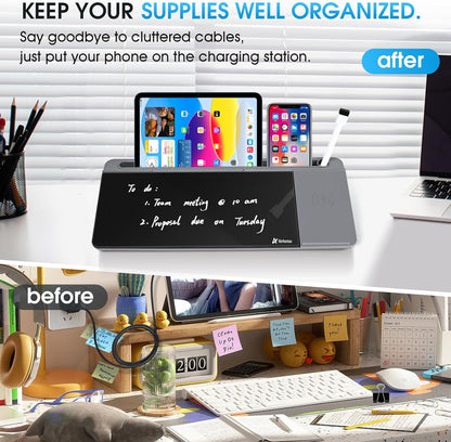 Varhomax Glass Desk Whiteboard with Wireless Charger, Desktop Organizer Dry Erase White Board with Storage, to Do List Memo Notepad for Home Office and School Supplies (Gray & Black)