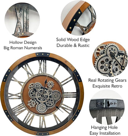 DORBOKER 27" Original Moving Gears Wall Clock, Large Industrial Wall Clock for Living Room Decor, Retro Metal Solid Wood Vintage Farmhouse Steampunk Rustic Clocks for Wall Decor,Brown Nanmu