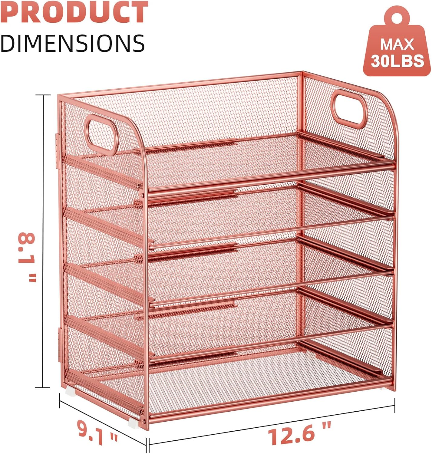 Marbrasse 5 Tier Paper Organizer Letter Tray, Mesh Desk File Organizer with Handle, Paper Sorter Desk Organizer for Home Office Supplies - Rose Gold