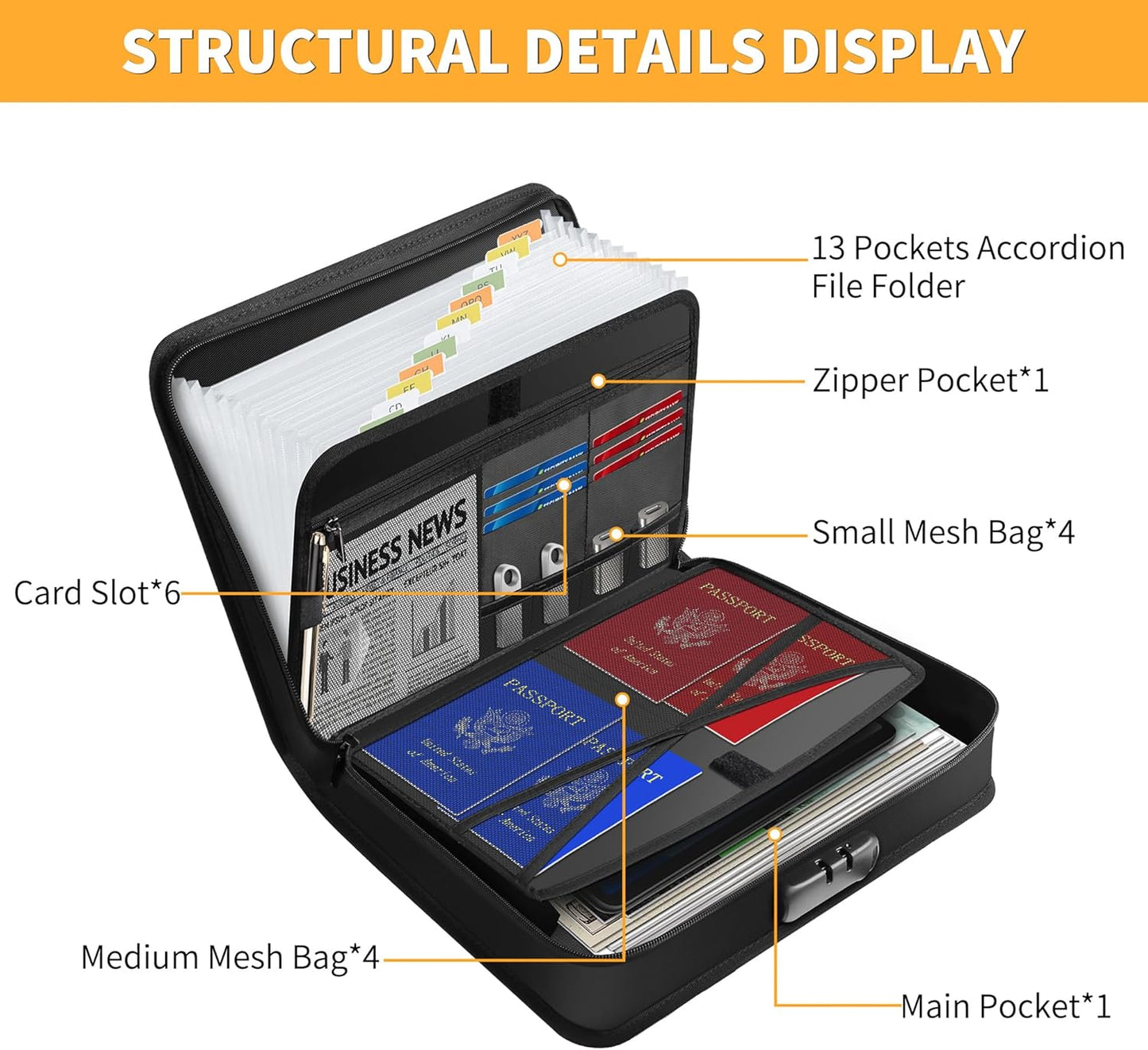 JUNDUN Accordion File Organizer with Lock,Multi-Pockets Fireproof Document Organizer with Handle & Zipper - 13 Pockets Expanding File Folder with Labels for Letter A4 Files and More