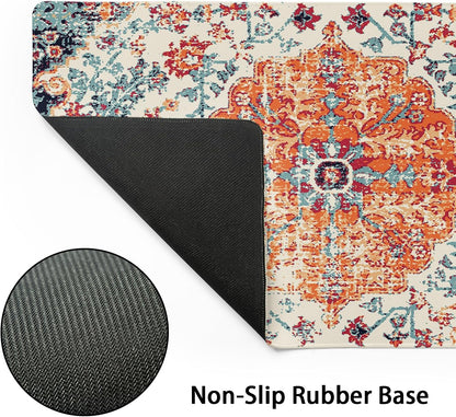 Orange Teal Boho Gaming Mouse Pad Large XL Rug Carpet Bohemian Retro Extended Large Desk Mat Big Mousepad Non-Slip Rubber Base Stitched Edge Long Desk Pad for Desktop Office PC Gamer,20x14 in,60x35cm