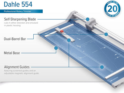 Dahle 554 Professional Rotary Trimmer, 28" Cut Length, 20 Sheet Capacity, Self-Sharpening, Dual Guide Bar, Automatic Clamp, German Engineered Paper Cutter