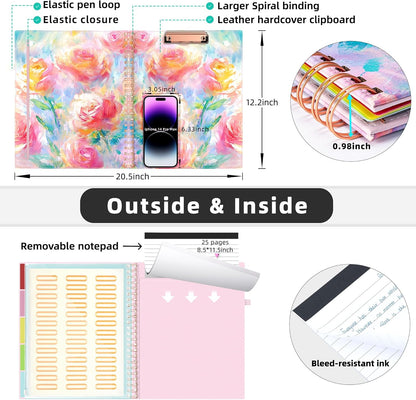 Ospelelf Pink Foldable Spiral Clipboard Folio with with Storage Zipper Pouch, 5 Plastic Folders with 10 Pockets, Leather Clipboard Folder with Notepad, 39 Divider Label Stickers (Rose)