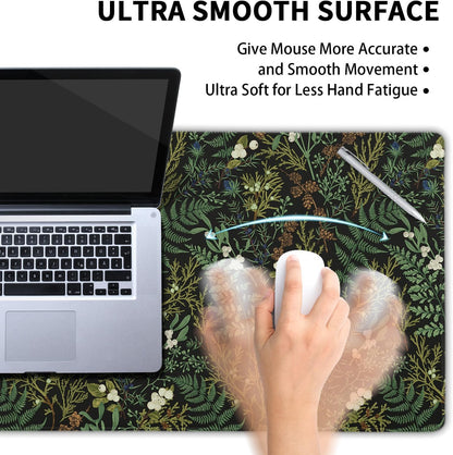 Black Aesthetic Vintage Botanical Gaming Mouse Pad XXL Cute Forest Green Plant Nature Floral Extended Large Mouse Pad Big Mousepad Non-Slip Stitched Edge Long Mat for Desk Office Computer,35.4x15.7 in