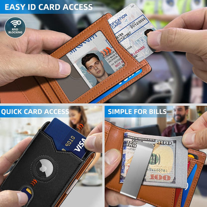 Airtag Wallet for Men,with Money Clip 11 Cards Slim Front Pocket Leather RFID Blocking Wallet with Gift Box
