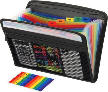 H4D Zippered Accordion File Organizer with Front Mesh Pouch, 13 Pocket Expanding File Folder, Fit for Documents Letter Size A4 Papers, Black