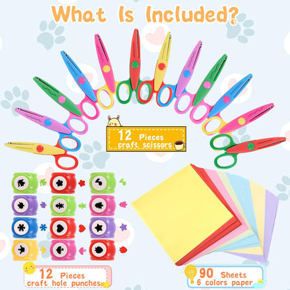 12 PCS Craft Scissors Decorative Edge, 12 PCS Small Hole Punch Shapes, 90 Sheets Colorful Origami, Kids Adults Craft Kit for DIY Crafts, Scrapbooking, Card Making, School Supplies