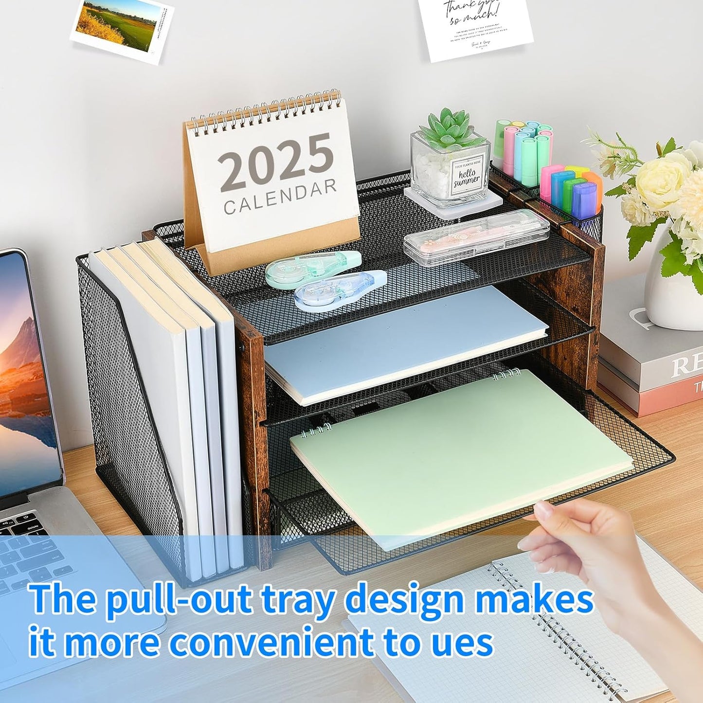 Desk Organizer and Accessories, 4-Tier Desktop File Organizer with Drawer and 2 Pen Holders, Office Desk Accessories for Office Supplies(Wood)