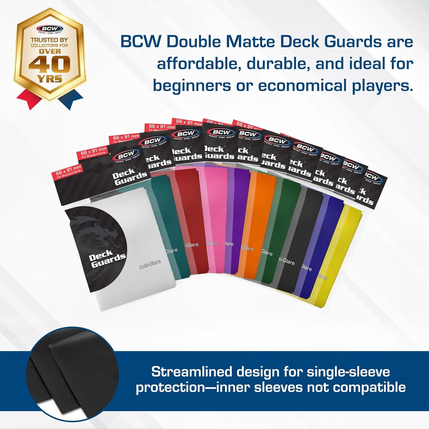 BCW Deck Guard - Double Matte Card Sleeves | 500 Count Box (10 Packs of 50 Sleeves) |Acid-Free, No PVC | Fits 2.5" x 3.5" Game Cards | Archival Safe Sleeves for Card Protection (Purple)
