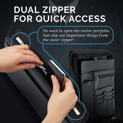 NERO MANETTI- Zippered Vegan Leather Padfolio/Portfolio Pad Holder-Business PU Leather Notepad Folder for Resumes, Interviews, iPad/Tablet, Phone, Legal Pad Notebook Executive Binder for Women, Men