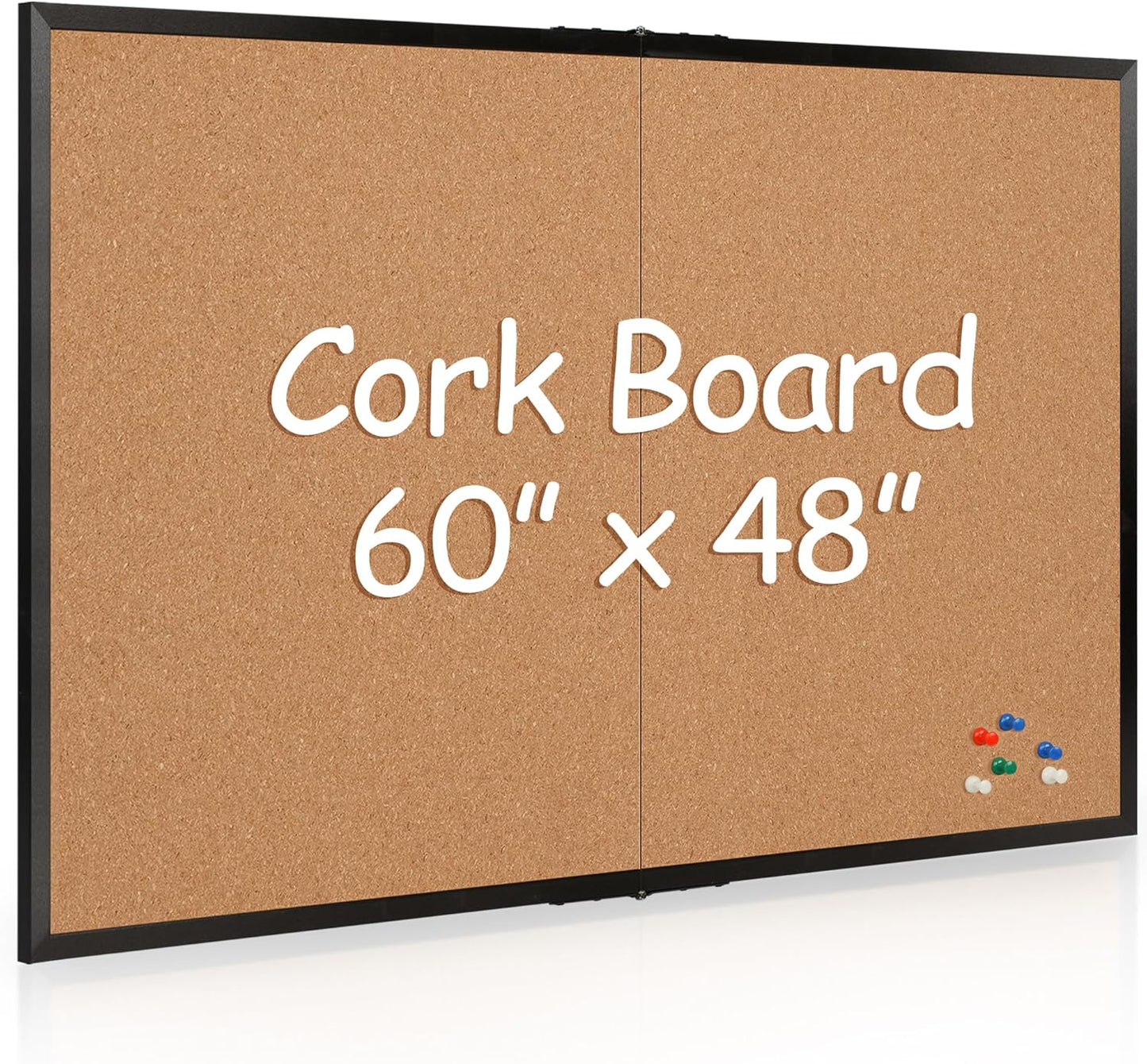 Board2by Extra Large Cork Bulletin Board 60" X 48", Foldable Notice Pin Board for Wall, Black Wood Framed 5'x4' Corkboard, Wall Mounted Noticeboard with 32 Push Pins for School, Home & Office