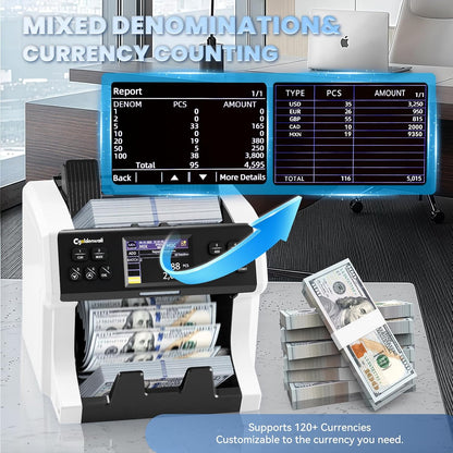 CGOLDENWALL Money Counter Machine Mixed Denomination,Bank Grade Cash Counter 2CIS/UV/IR/MG Counterfeit Detection,Serial Number,MUL Currency Value Counting, Sort&Printer Compatible Bill Counter,1500N/M