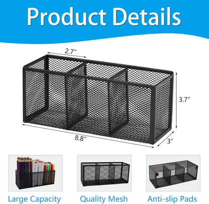 2PCS Black Mesh Pen Pencil Holder, Small Metal Desk Organizer Desktop Stationery Office Supplies Acessories Storage Stand, 3 Compartments Brushes Holder for Home School Classroom Teachers