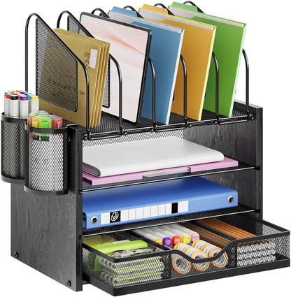 Marbrasse Desk organizer with Drawer, 4-Tier Wooden File Organizer with 5 Vertical File Holders and 2 Pen Holders, Desk Organizers and Accessories for Home Office - Black
