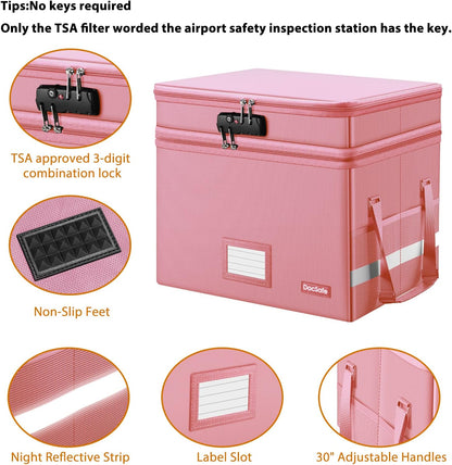 DocSafe File Box with Lock,Multi-Layer Fireproof Document Box Collapsible File Storage Organizer with Pockets/Handle,Large Portable Home Office Filing Safe for Hanging Letter/Legal Size Folders,Pink