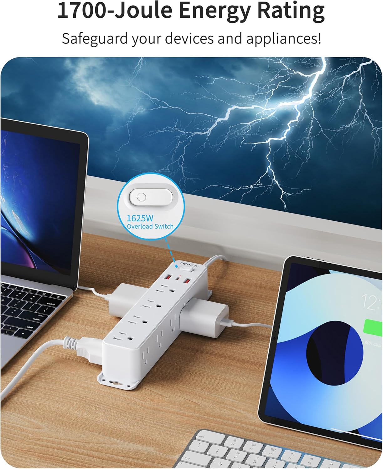 2 Prong Power Strip with 12 AC Outlets, 2 to 3 Prong Adapter, 3 USB Ports (1 USB C), 5FT Extension Cord, 1700J Two Prong Surge Protector, Wall Mountable, Ideal for Old House Non-Grounded Outlets