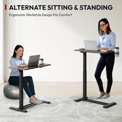 SANODESK Mobile Standing Desk with Hidden Wheels,Pneumatic Laptop Desk Rolling Computer Cart Movable Height Adjustable Small Sit Stand Desk for Home Office(27.6" W x 15.7" D, Maple)