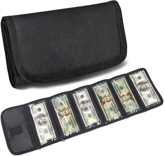 VOCHIC Money Wallet, Money Organizer for Cash with 6 Zippered Pocket Multipack Money Pouch, Cash Bill Organizer, Money Bag Small Travel Money Holder for Budgeting, Receipt and Tips (Black)
