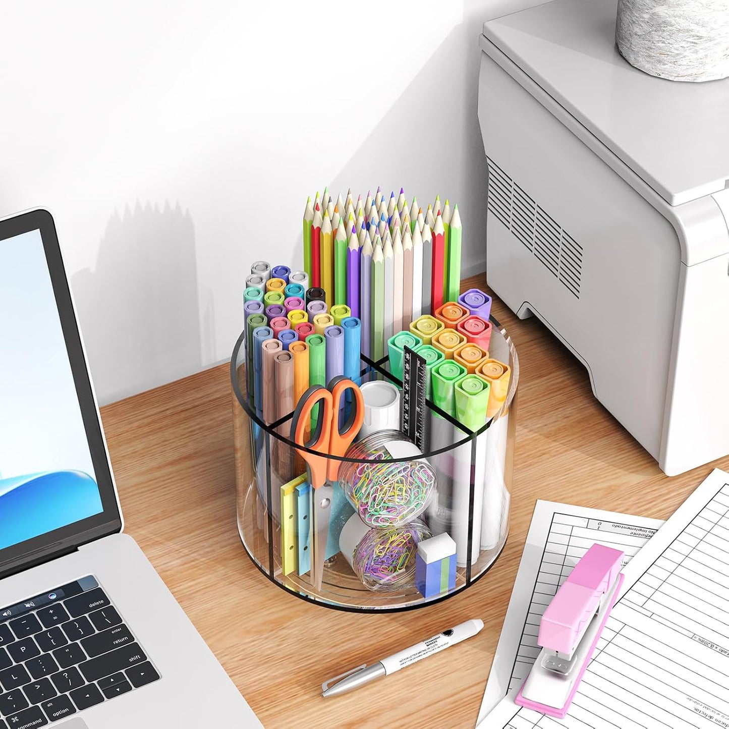 Small Pencil Organizer for Desk Acrylic 4 Compartments, Tiny Rotating Art Supply Organizer Kids, Spinning Round Marker Organizer Small Clear Desktop Organizer Caddy Swivel Office Pen Pencil Holder