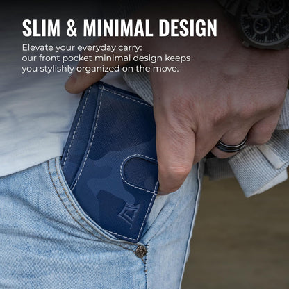 Kings Loot Money Clip Slim Minimalist Wallet for Men – RFID Blocking Leather Design with Money Clip – Front Pocket Bifold Holds 12 Cards – Stylish & Compact Wallets (Camo Blue)