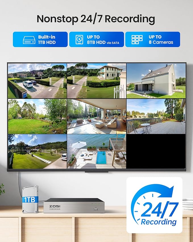 ZOSI 5MP Wired Security Camera System, 8pcs 1080p Pan/Tilt 360°View Weatherproof Camera,One Way Audio, AI Human Vehicle Detection,Night Vision, H.265+ 8CH DVR with 1TB Hard Drive for 24/7 Recording