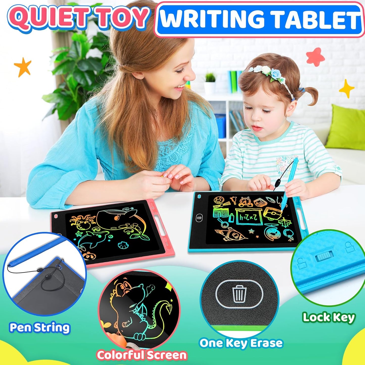 4 Pack LCD Writing Tablet for Kids, 8.5 Inch Doodle Writing Board Drawing Pad, Christmas Stocking Stuffer Quiet Classroom Educational Learning Activities Toys Birthday Gifts for Boys Girls Age 3 4 5 6