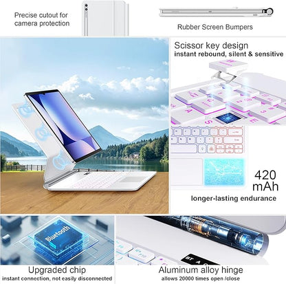 Keyboard Case for Samsung Galaxy Tab S10+ Plus/S9+ Plus/S9 FE+ Plus/S8+ Plus/S7+ Plus/S7 FE Case with Keyboard 12.4" (White)