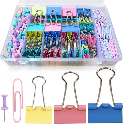 Paper Clips and Binder Clips Assorted Sizes, 240 PCS Colored Office Clips Set Large Medium Small Paper Clamps Paperclips Push Pin Thumb Tacks, College Supplies Home Office Supplies Document Organizing