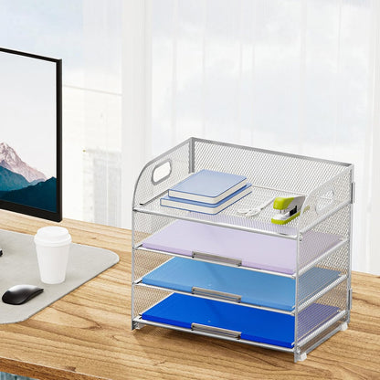 Marbrasse 4 Tier Paper Organizer Letter Tray - Mesh Desk File Organizer with Handle, Paper Sorter Organizer for Letter/A4 Office File Folder Holder (Silver, 12.6" x 9.1" x 10.7")
