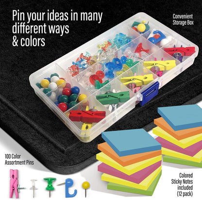 Large Bulletin Board 60 x 36 Inches - Foldable Felt Bulletin Board for Wall, Cork Board Alternative with 100 Color Pins & 12 Note Pads, Vision Board - Black