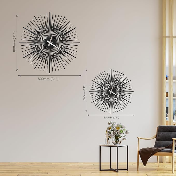 Sun Rays Wall Clock, Large Metal Decorative Wall Clock, Modern Minimalist Wall Decor (Black, Small)