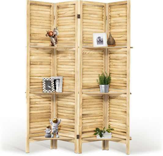 Room Divider with Shelves, 5.6FT Folding Room Divider Panel, 4 Panel Wood Partition Wall Divider for Room Separation, Natural Wood