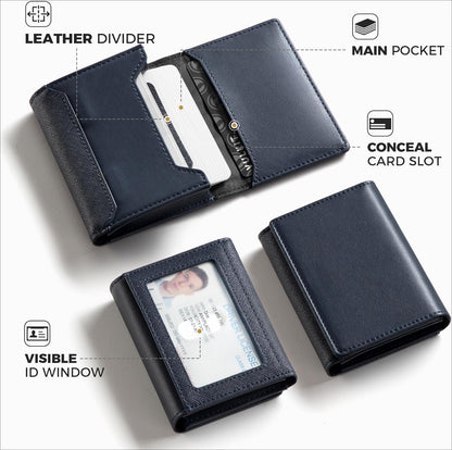 Real Leather Business Card Holder Premium RFID Blocking Card Case with ID Window and Magnetic Closure Holds Up to 40 Business Cards (Navy)