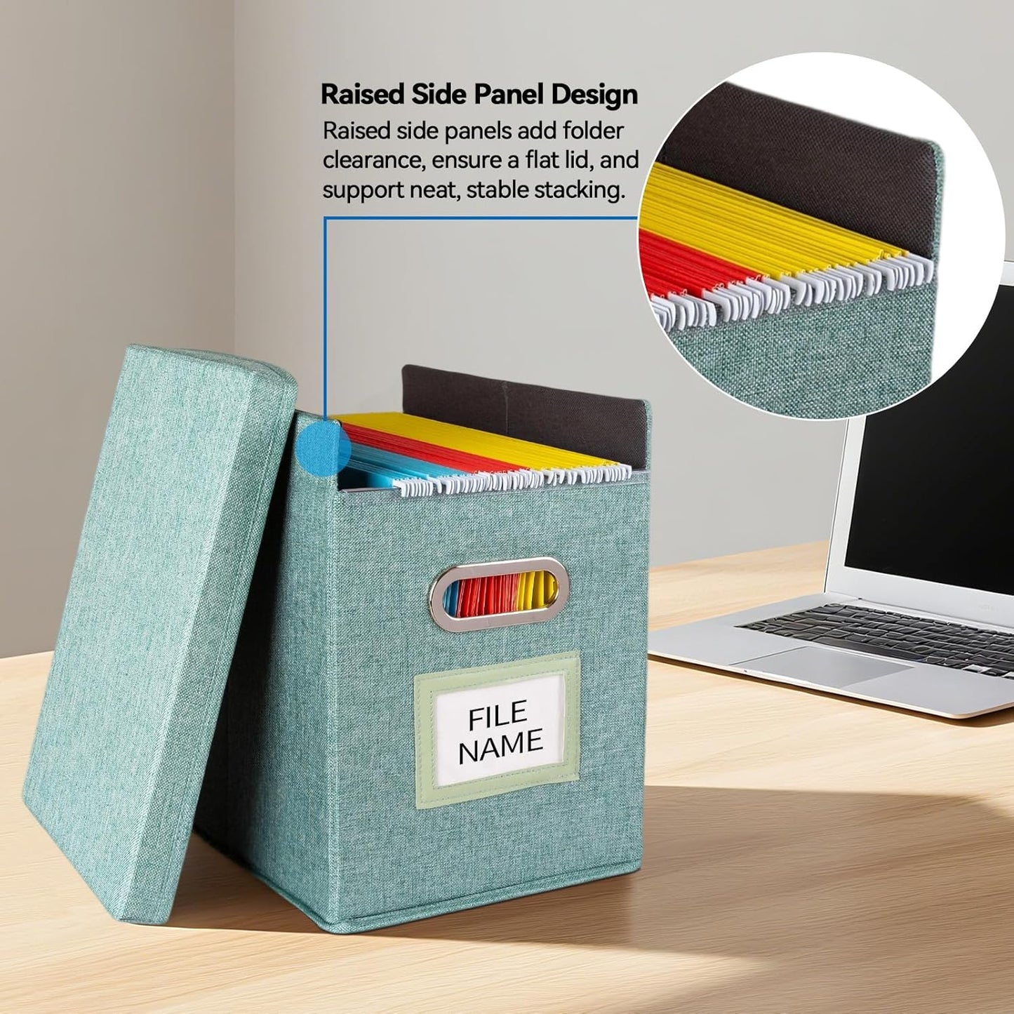 4 Pack Hanging File Folders Organizer with Lid, Letter Size Fabric File Storage Box Collapsible, Portable Office Document Holder with Metal Handle, Smooth PVC Rails, Green