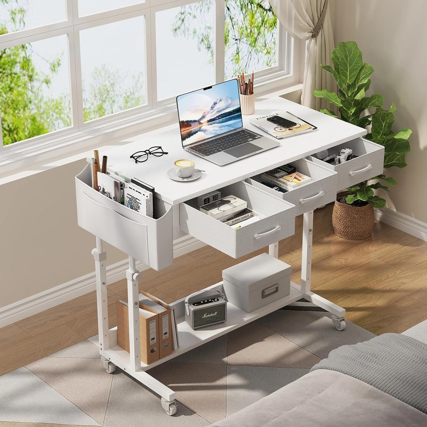White Portable Rolling Computer Desk - 40 Inch Adjustable Mobile Standing Teacher Desks with 3 Fabric Drawers on Wheels, Couch Sofa Side Laptop Stand Up Table with Storage for Home Office, White