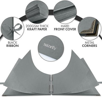 Bstorify 10 x 10 Inches Scrapbook Album 70 Pages Grey Thick Kraft Paper Corner Protectors, Ribbon Closure - Ideal for Your Scrapbooking, Art & Craft Projects (Grey, 10 x 10 Inch)