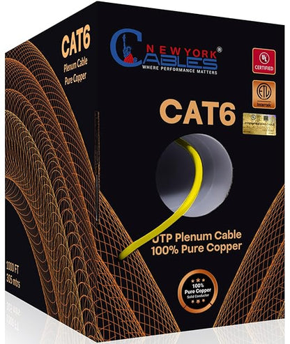 NewYork Cables | CAT6 Plenum Cable 1000ft UL/ETL Listed, 100% Pure Copper, UTP, 550MHz, 23AWG, 4Pair 10GB Ethernet Cable | Certified CMP-Rated Fire-Resistant (1000ft, Pure Copper UL Listed, Yellow)