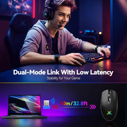 TECKNET Wireless Gaming Mouse Rechargeable - 8000 DPI, Long-Lasting 100Hrs Battery, RGB Backlit, 6 Programmable Buttons, Dual Connectivity (2.4G + USB-C) for PC, Mac, Laptop - Black