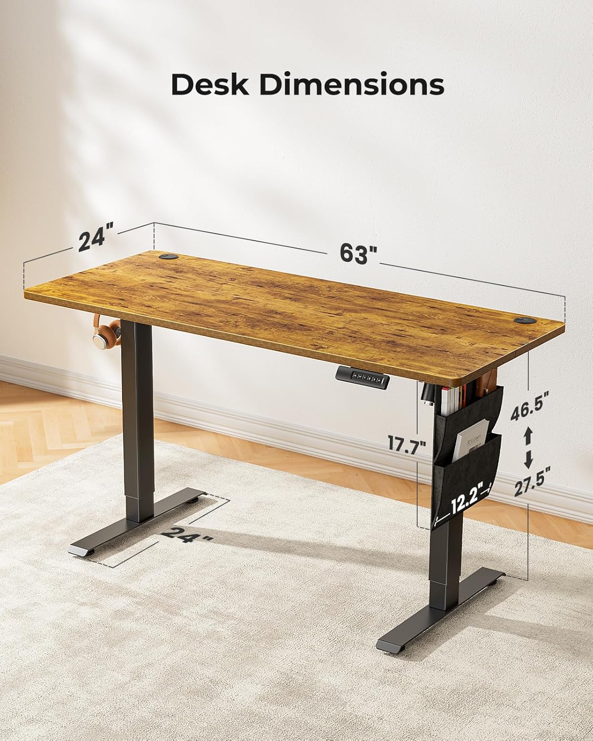 Marsail Standing Desk Adjustable Height Home Office Desk,‎63x24 Inch Electric Standing Desk with Storage Bag,Headphone Hook for Computer Workstations