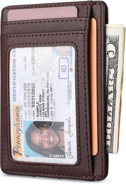 Buffway Slim Minimalist Front Pocket RFID Blocking Leather Wallets for Men and Women - Cross Coffee