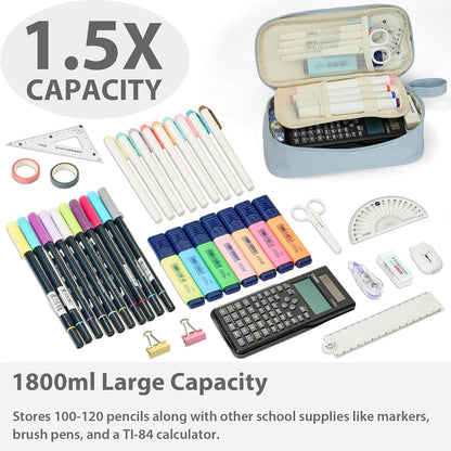 Pencil Case Pouch Box Bag School Supplies Girls Boys Kids, Cute Preppy Stuff Large Big Capacity Aesthetic Pen Organizer, Back to College Stationary, Powder Blue, Standard Stlye, 1800ml
