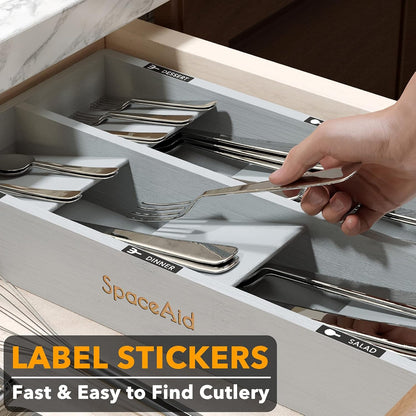 SpaceAid Bamboo Silverware Drawer Organizer with Labels, Kitchen Utensil Tray Holder Organizer for Flatware, Cutlery, Spoon and Knives Drawer Storage Organization (Gray, 6 Slots)