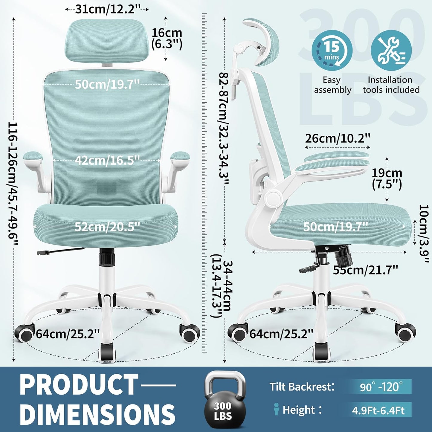 FelixKing Ergonomic Office Chair, Headrest Desk Chair Office Chair with Adjustable Lumbar Support, Home Office Swivel Task Chair with High Back and Armrest, Adjustable Height Gaming Chair(Light Blue)