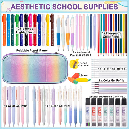78PCS Aesthetic School Supplies with Cute Pencil Case, Pastel Highlighters Gel Pens Mechanical Pencils Set 0.5 0.7 & 2.0mm, Back to School Supplies Student Stationary Set, Pencil Pouch with Supplies