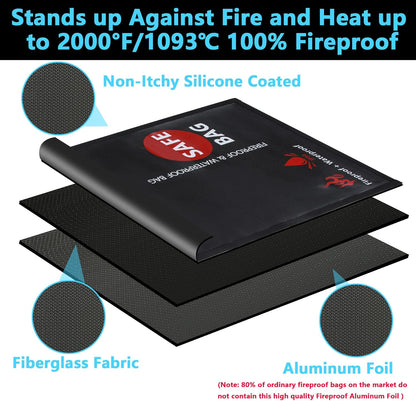 Fireproof Waterproof Money Document Bag 2 Pack, GEMEK Safe Zipper Bags, Fire & Water Resistant Storage Organizer Pouch for A4 A5 Documents Holder,File,Cash,Jewelry,Passport,Tablet,Laptop (Black)