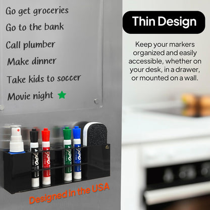Pk&G Slim Magnetic Dry Erase Marker Holder for Whiteboard, Space Saving Pen Organizer with Glass and Wall Mount Accessories for Fridge, Office, and School. (Black)