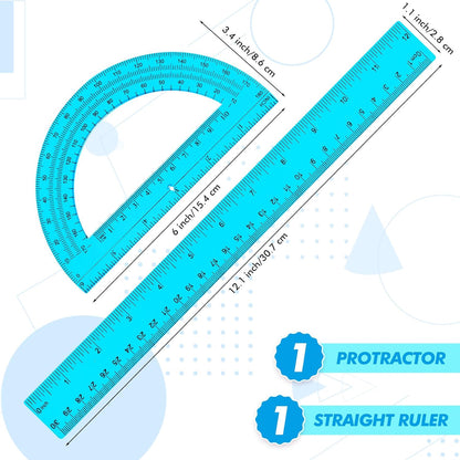 Zonon 2 Pack 12'' Plastic Ruler and 6'' Plastic Protractor Set Clear Ruler Protractor Set Math Geometry Supplies for School Classroom Home Office Drawing(Blue)